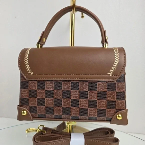 Checkered Top Handle Satchel Handbag Small Crossbody Brown Tan Vegan Leather Pur - Picture 4 of 11
